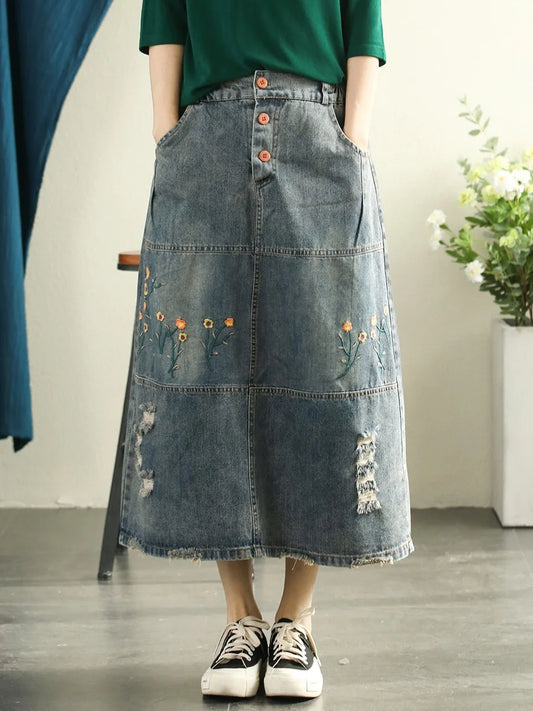 22New Women Denim Skirts Spring Mori Girl Style Washed Hole Bleached Embroidery Floral Sanding Pocket Loose Female A-Line Skirt