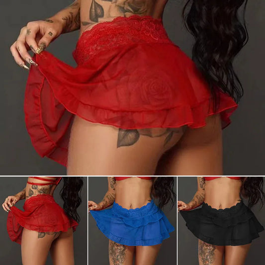 2PC Sexy Translucent Mini Skirt High Waist Lace Stitching Mesh Erotic Lingerie With T Back Thong Fashion Dancing Girl Party Club